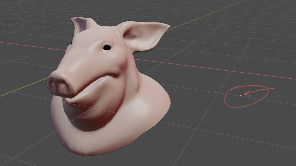 Screenshot of a pig head with custom pivot, loaded in Blender.