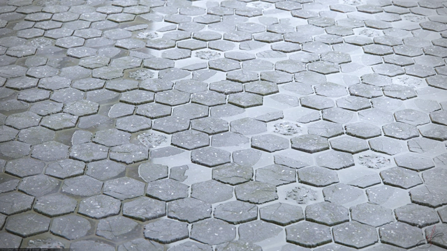 Old trylinka in a degraded state. There are puddles of water and crooked slabs everywhere.